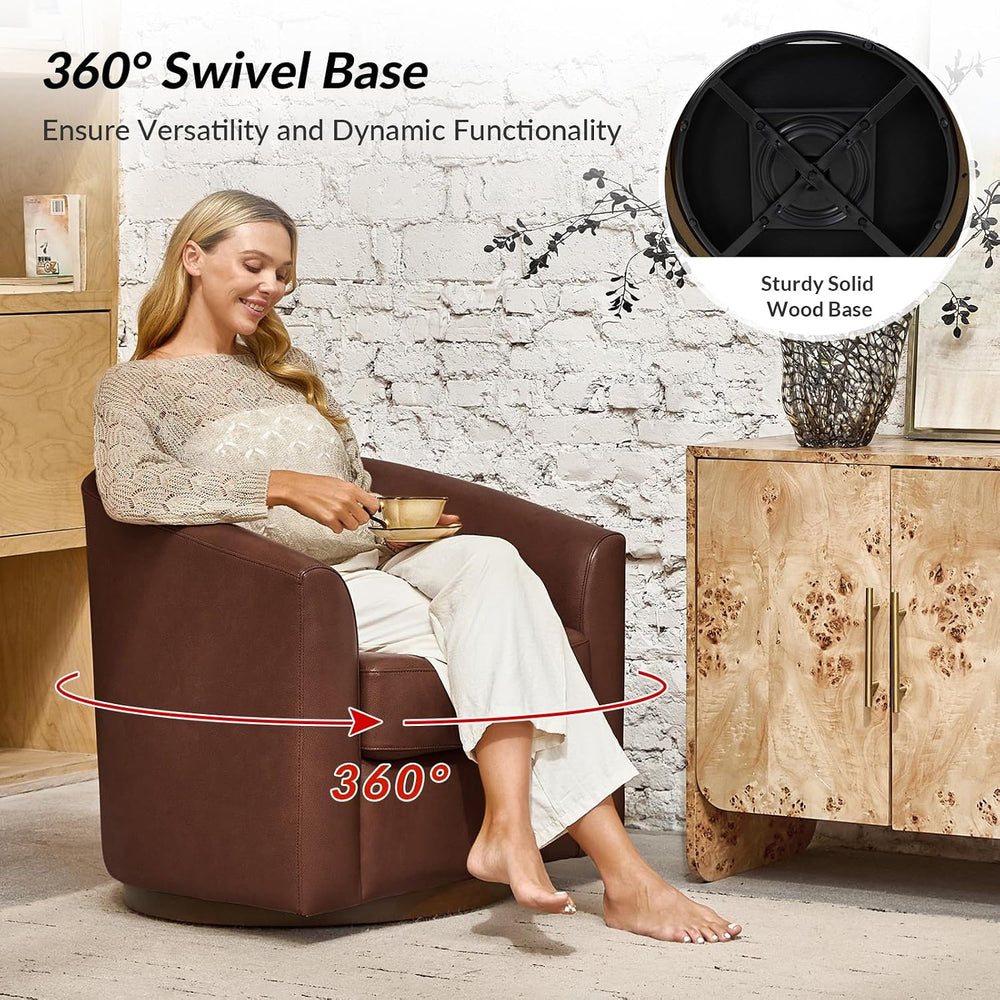 HULALA HOME Genuine Leather Swivel Barrel Accent Chairs Set of 2, Brown