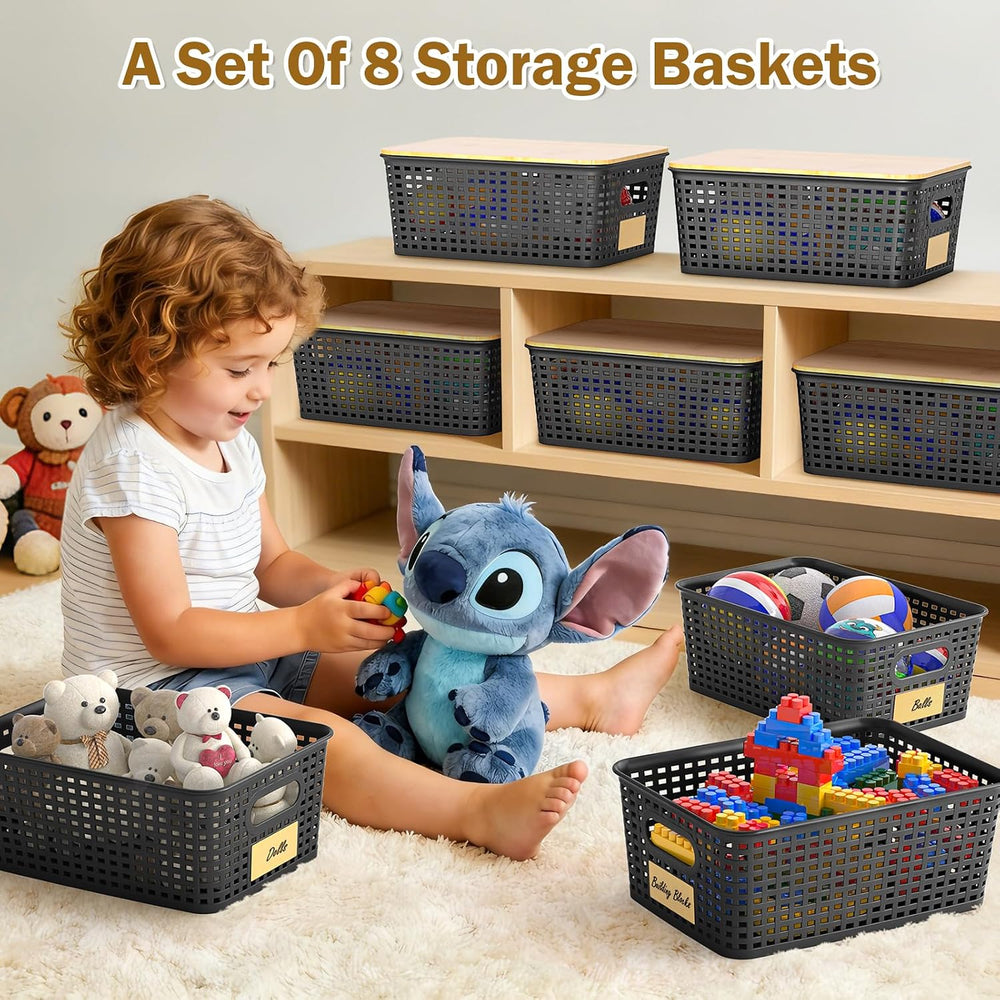 Stackable Storage Baskets: 8 Pack Plastic Baskets Bins, Black