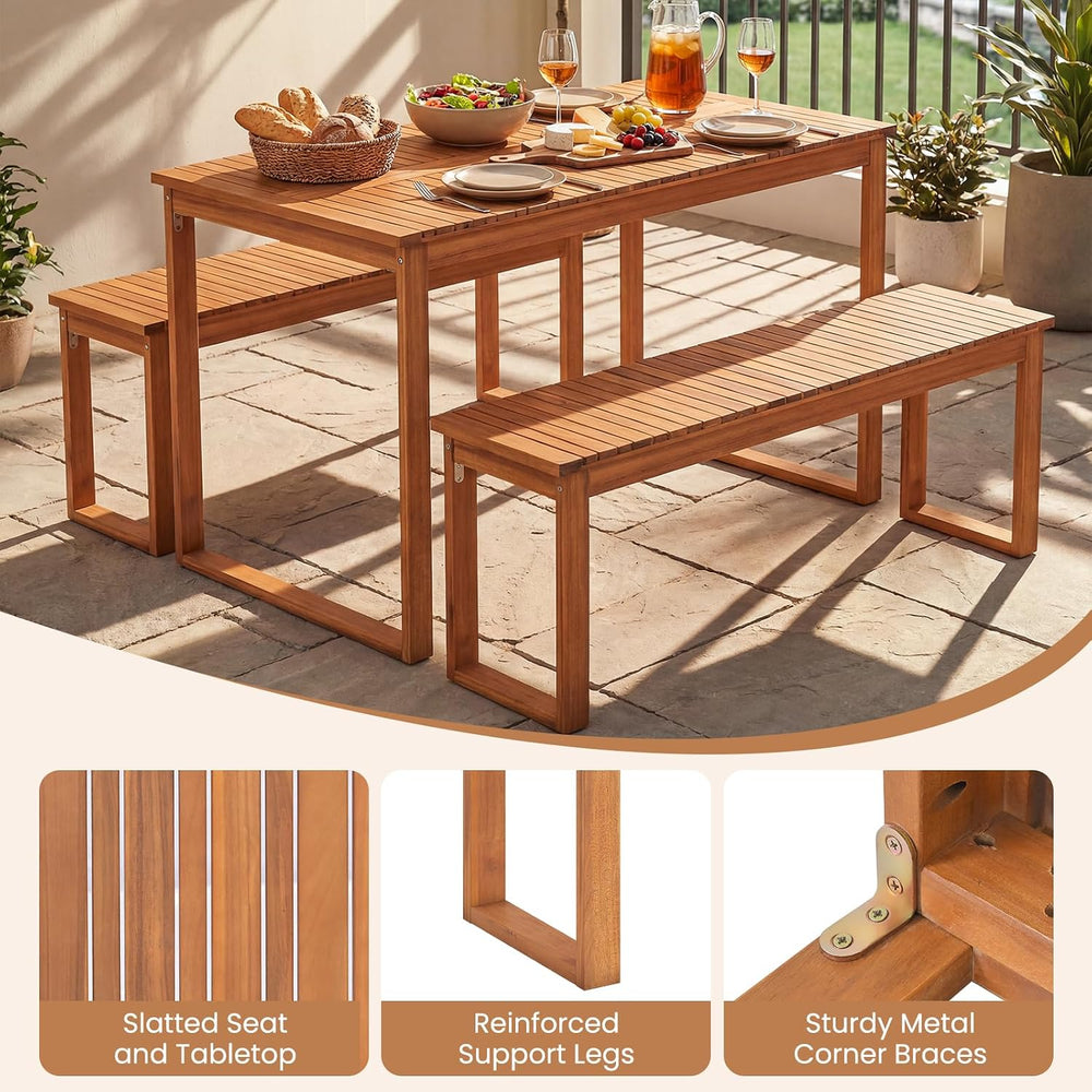 Tangkula 3 Pieces Patio Wooden Dining Set, Acacia Wood Rectangular Picnic Bee...