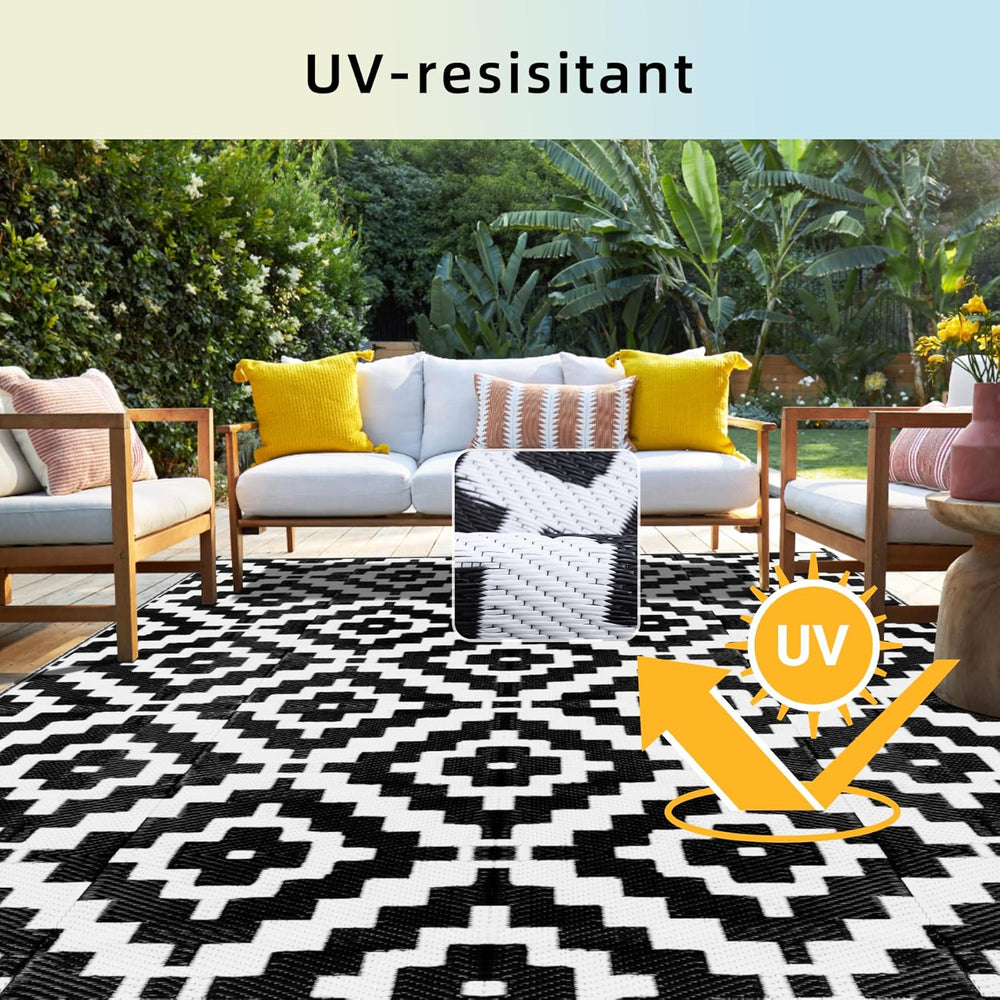 Favoyard Outdoor Rug Black & White 9x12 ft Waterproof Reversible Carpet Mat