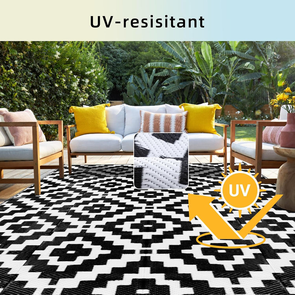 Favoyard Outdoor Rug Black & White 8x10 ft Waterproof Reversible Carpet Mat