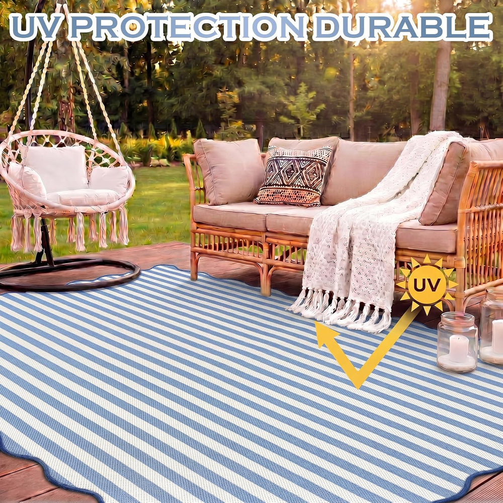 Blue Scalloped Outdoor Plastic Straw Rugs 5x8 ft Reversible Camping Rug Water...