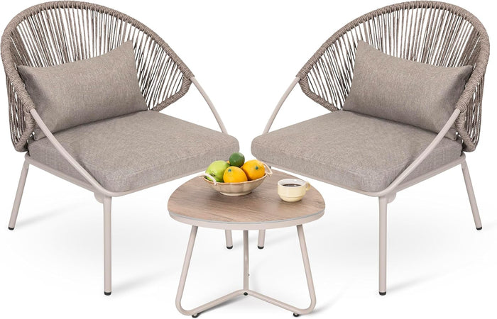 NUU GARDEN Outdoor 3 Piece Bistro Set, Woven Rope Chair with Zippered Cushions, All Weather Patio Conversation Set for Balcony, Deck, Backyard, Balcony, Porch, Poolside, Grayish Brown and White