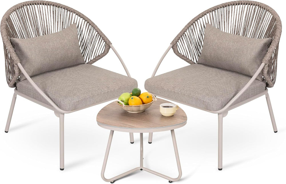 NUU GARDEN Outdoor 3 Piece Bistro Set, Woven Rope Chair with Zippered Cushion...