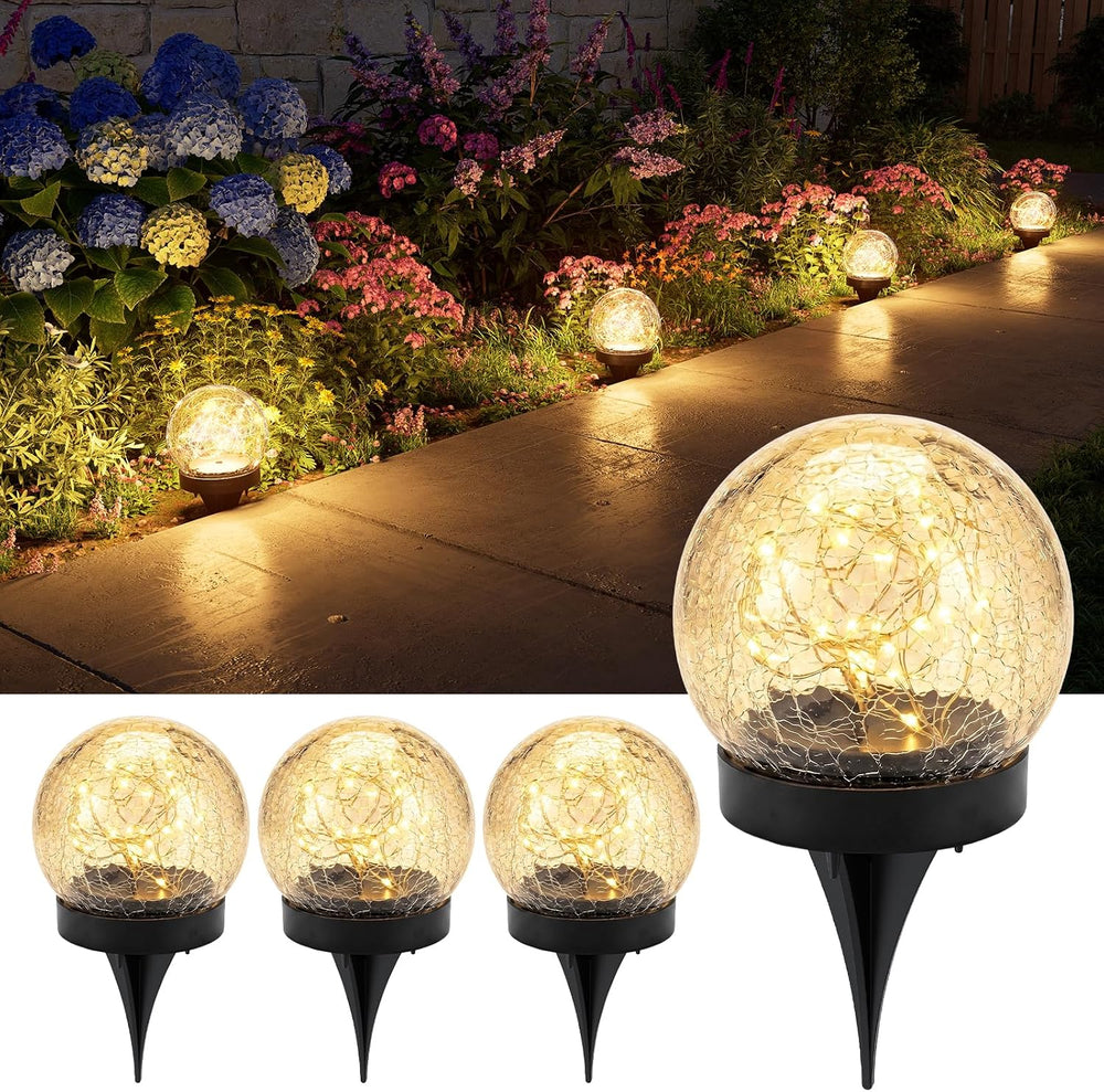 4 Pack 3.94" Warm White Solar Powered Cracked Glass Globe Lights
