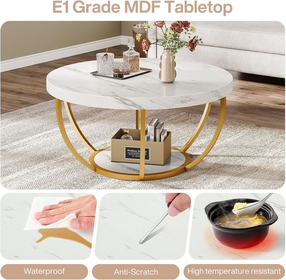 Tribesigns White and Gold Round Coffee Table, 31.7" Living Room Table