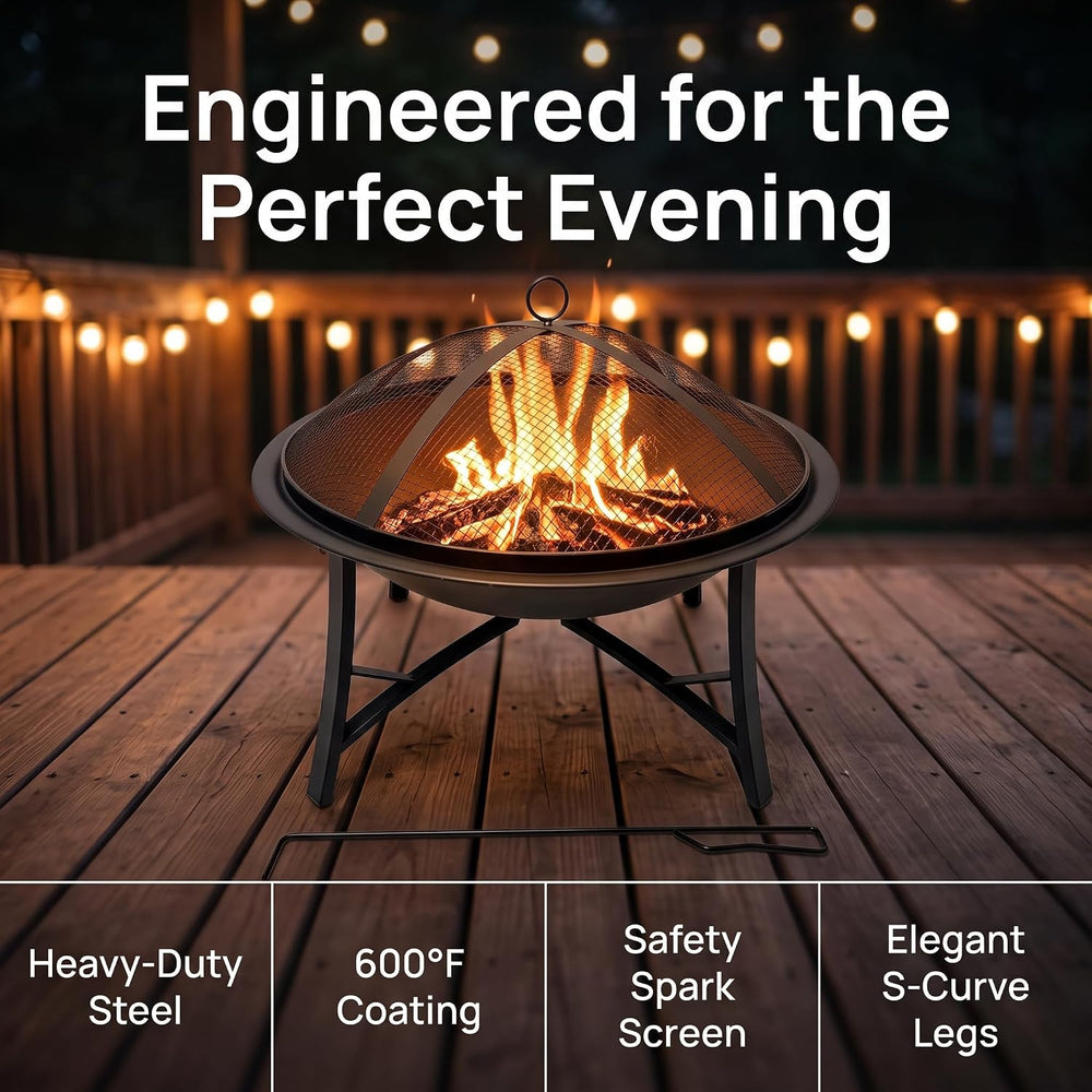 Fire Beauty 22" Outdoor Wood Burning Fire Pit with Spark Screen, Black