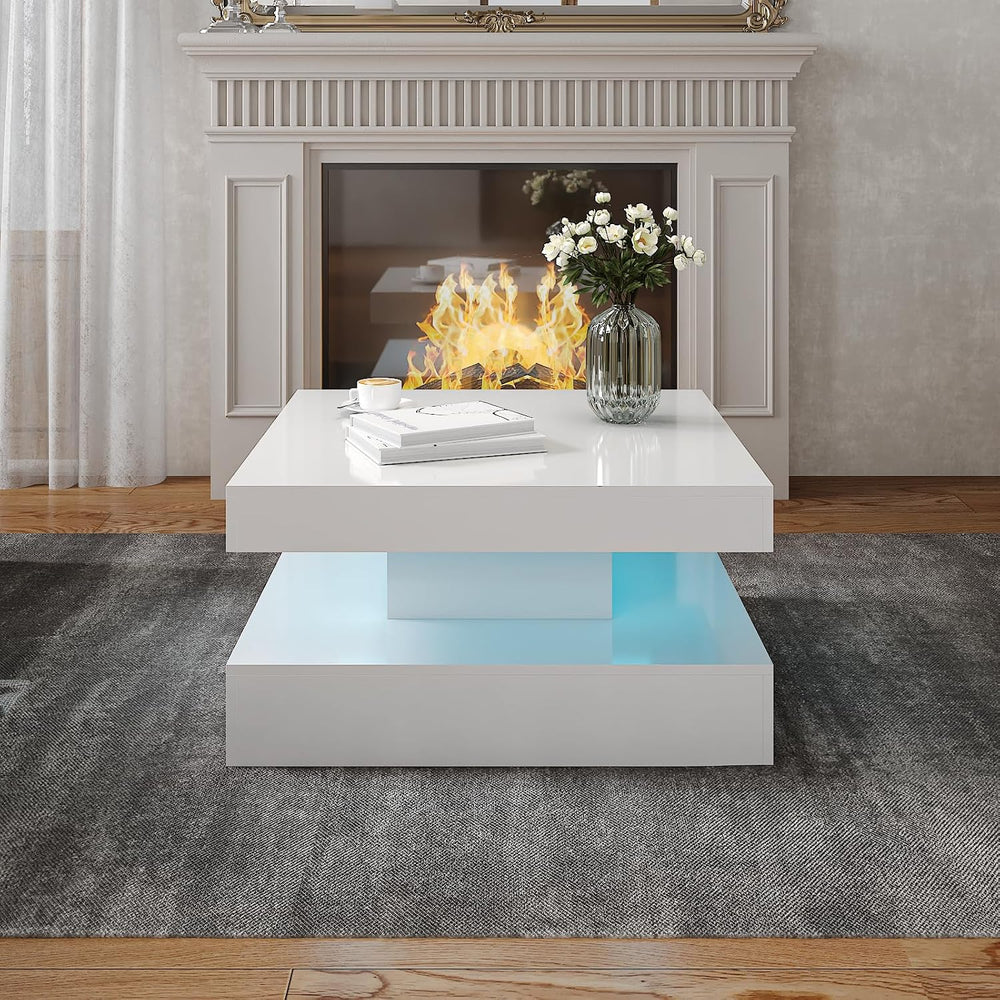 HedoAjim White LED Coffee Table for Living Room, 2-Tier Square Center Table L...