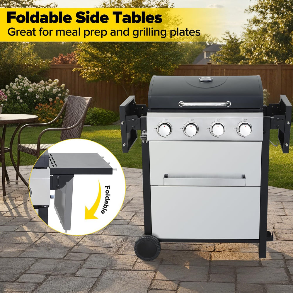 4 Burner Gas Grill with Foldable Shelves, 40,000 BTU Stainless Steel Propane ...