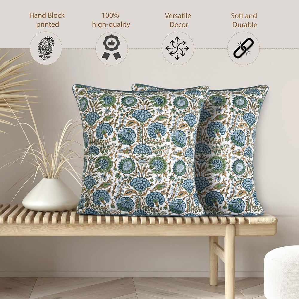 Ridhi Block Print Asparagus Green Pillow Cover 18" x 18" (Pack of 2...