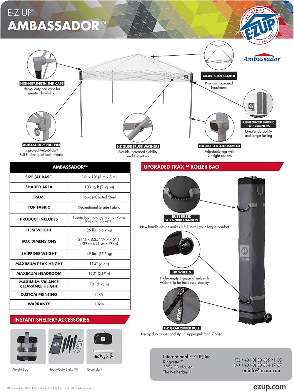 E-Z UP Ambassador Instant Pop Up Canopy Tent, 10' x 10', Roller Bag a...