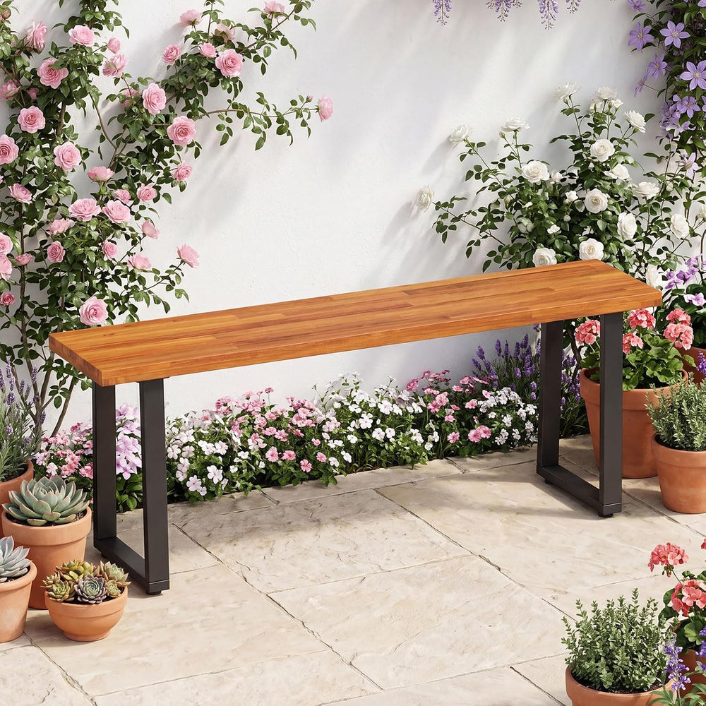 Tangkula Acacia Wood Outdoor Bench, 2-Person Backless Patio Dining Bench