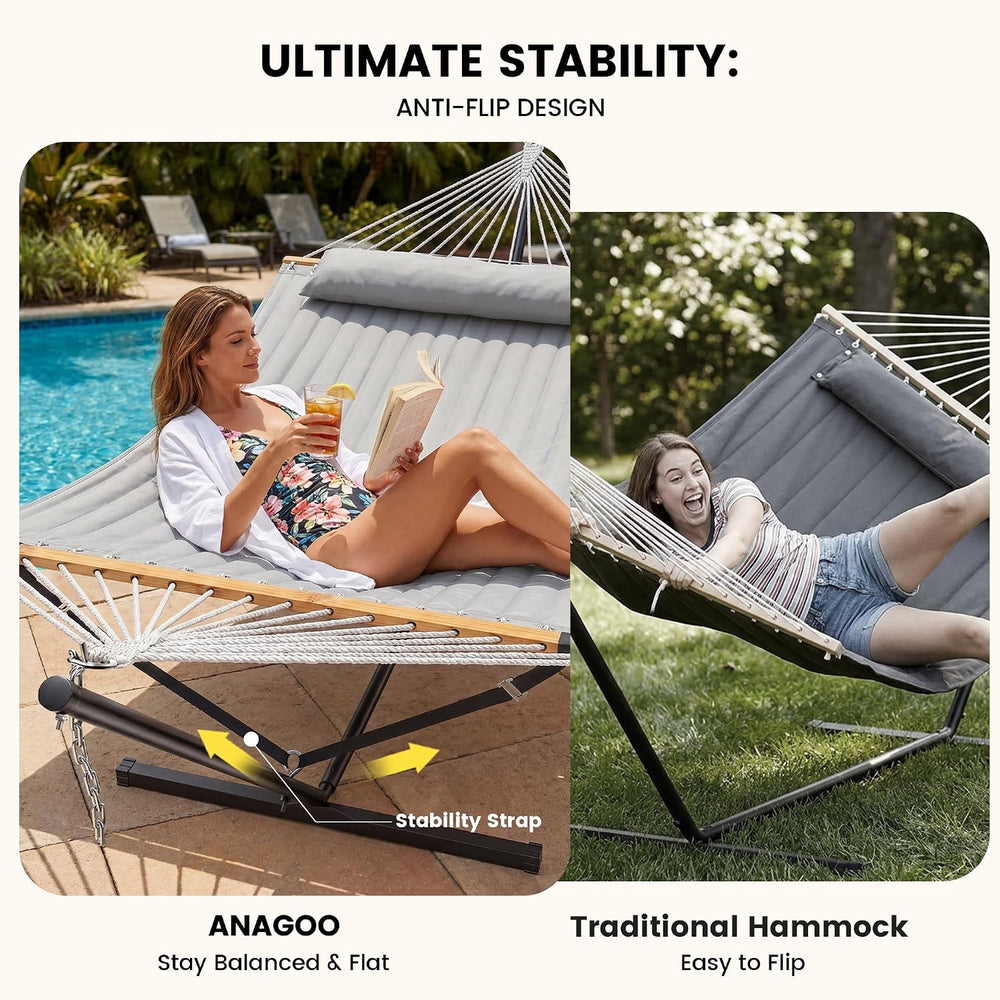 ANAGOO Double Hammock with Stand 500lbs Heavy Duty Outdoor Two Person Gray
