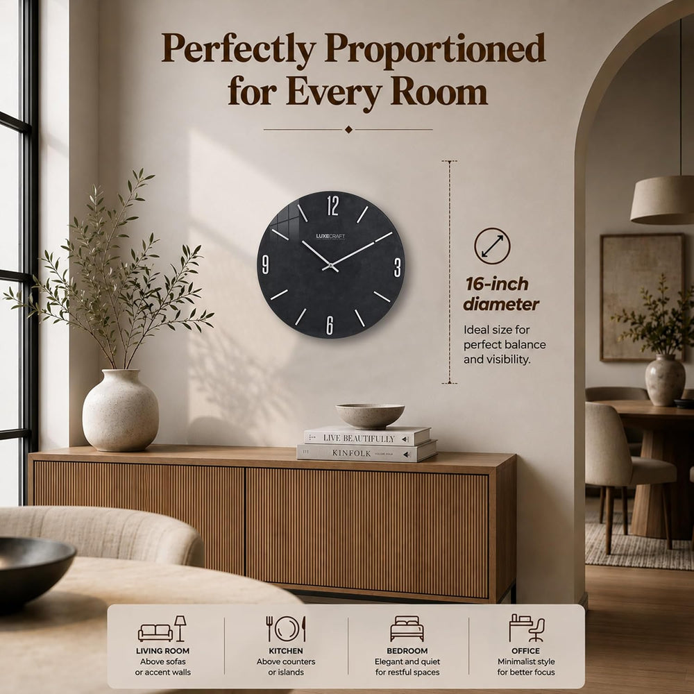 16 Inch Silent Non-Ticking Modern 3D Wall Clock Charcoal Grove, Glass Face