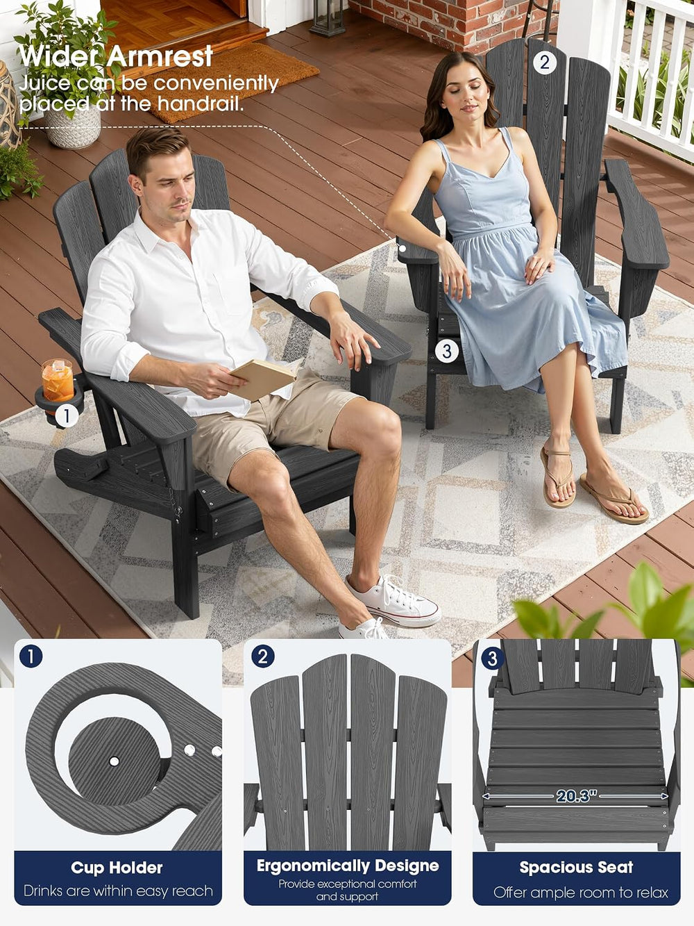 KINGYES Folding Adirondack Chair Set of 6 with Cup Holder, Grey