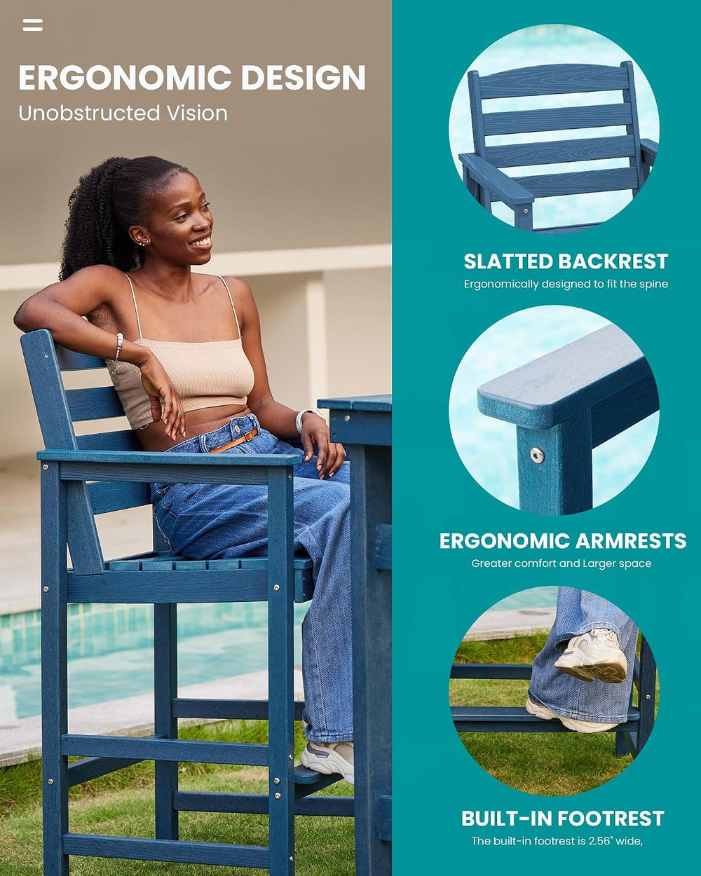 SERWALL 2-Pieces Tall Adirondack Chairs, HDPE Balcony Barstools Set, Blue