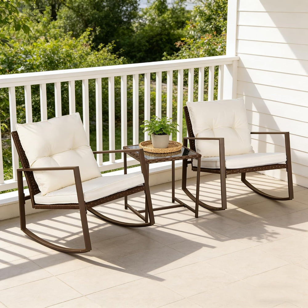 SUNCROWN 3 Piece Outdoor Rocking Bistro Set Brown Wicker Furniture Porch Chai...