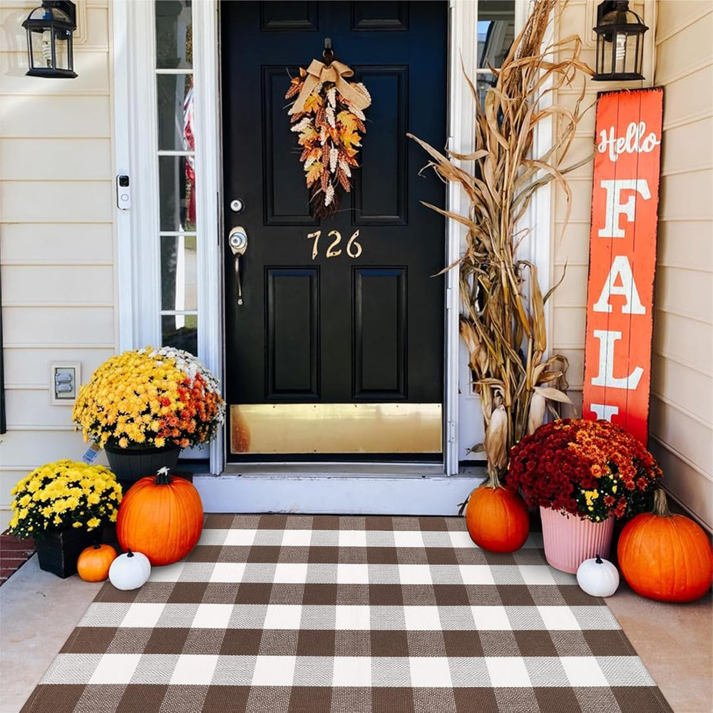 KIMODE Fall Decor Front Door Mat Buffalo Plaid Outdoor Front Porch Rug