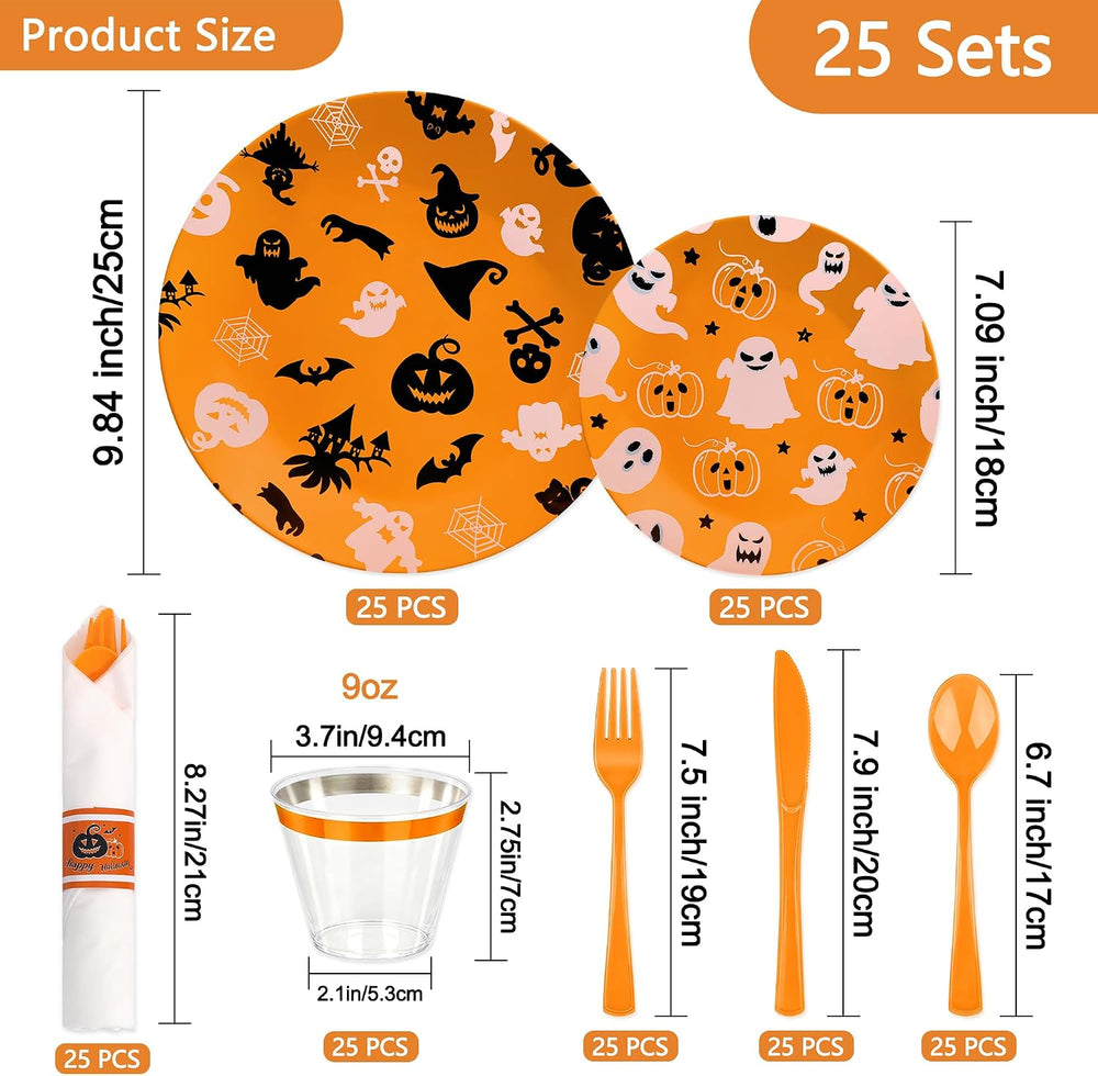 Sylans 175PCS Halloween Party Plates Set Disposable for 25 Guests
