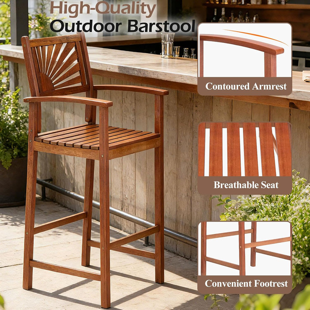 COSTWAY 29'' Outdoor Acacia Wood Bar Chairs Set of 4 with Back and Ar...