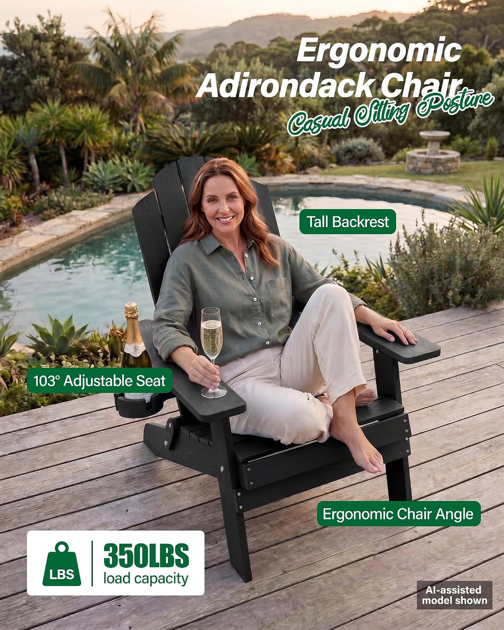 MXIMU Folding Adirondack Chairs Set of 6, Cup Holder, Black