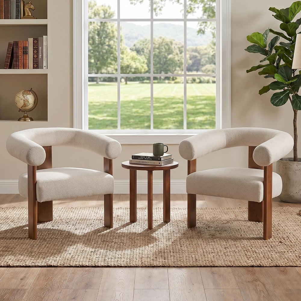 Usaint Upholstered Barrel Accent Chair Set of 2 with Walnut Wood Legs