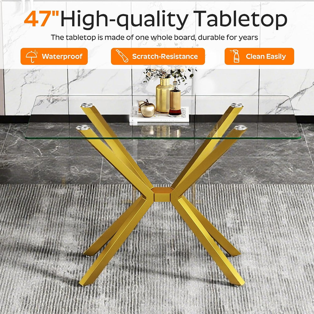 Modern Gold Glass Dining Table Set of 6, 47'' Clear Glass Top Rectang...