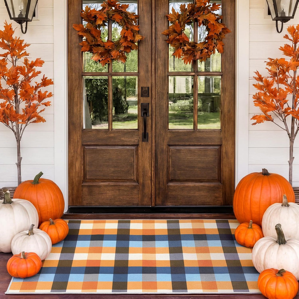 Breling Fall Plaid Door Mat Outdoor Porch Entry, Plaid, Blue and Orange