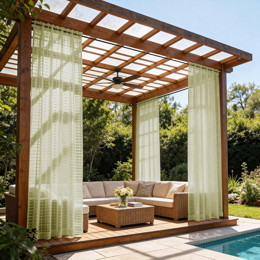4 Panels Outdoor Sheer Curtains for Patio, Jacquard Check Curtains for Patio ...