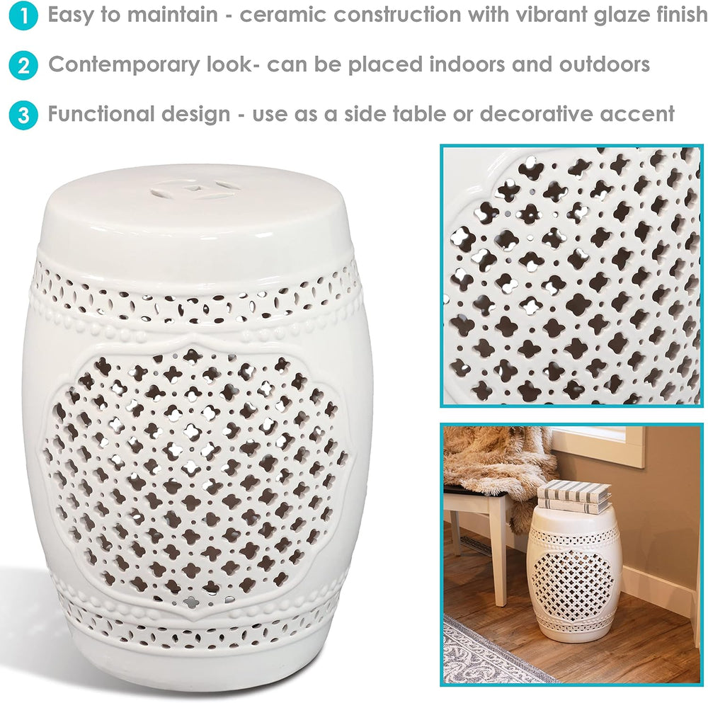Sunnydaze Marrakesh Ceramic Garden Stool Side Table - White