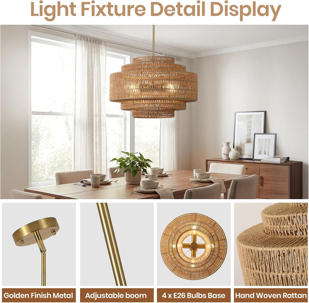 19.68" Gold Rattan Chandelier, 4-Light Handwoven Wicker Fixture