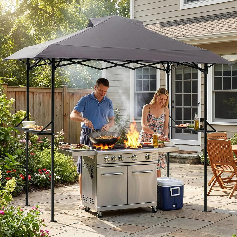 VINGLI 8x5 Pop Up Grill Gazebo BBQ Gazebo with 2 Side Shelves, Outdoor Grill ...