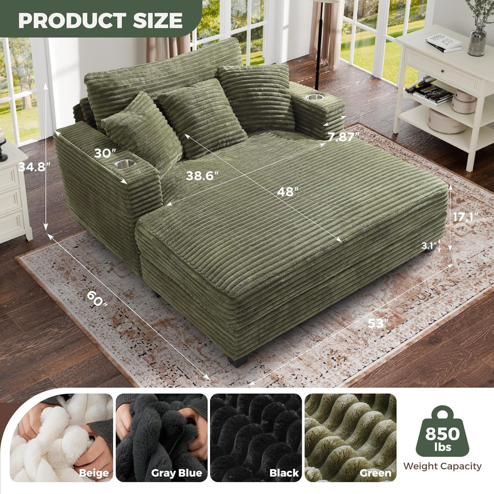 60" Oversized Chaise Lounge Chair with Wood Frame, USB Charging Port, Green