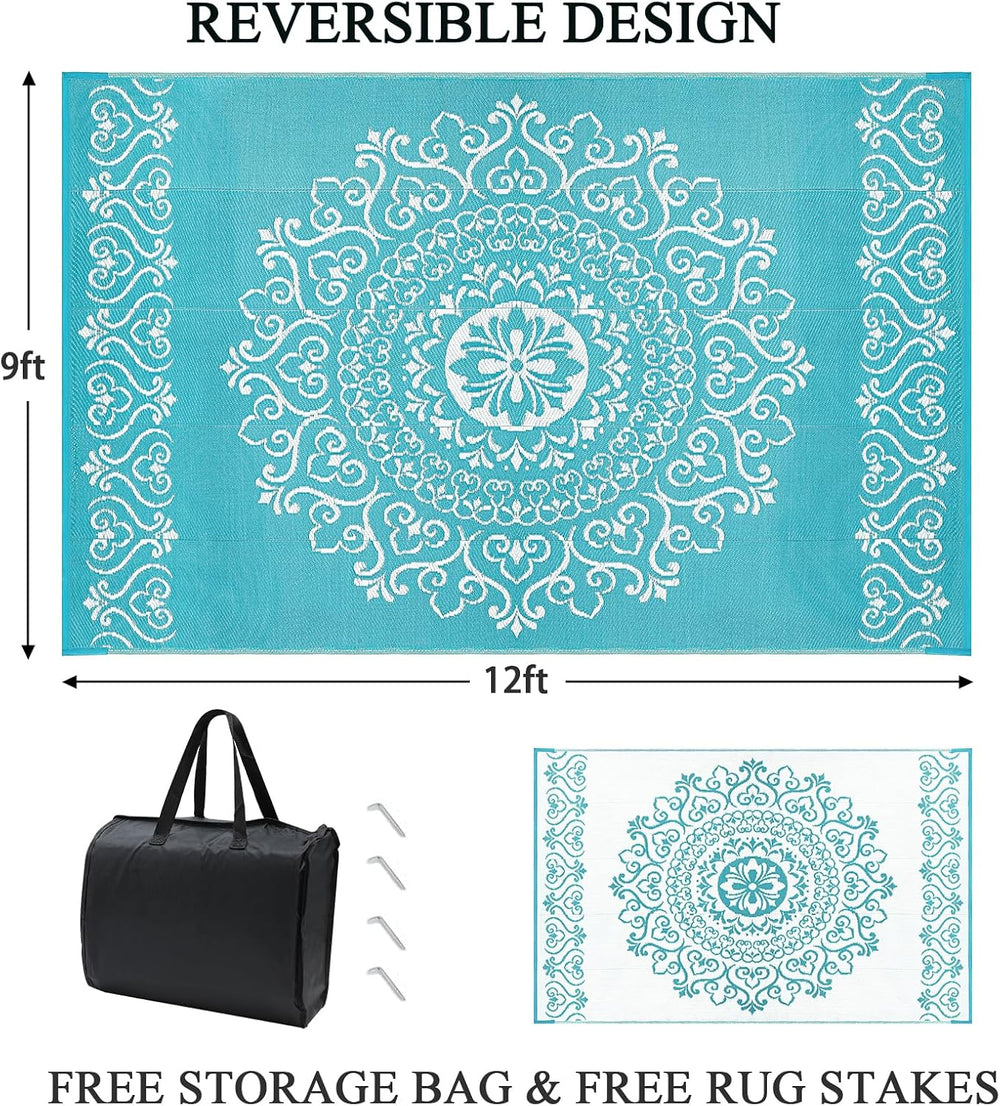 Pauwer Outdoor Rug 9x12, Waterproof Plastic Straw Camping Rug, Floral Teal