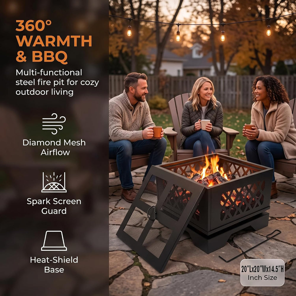 Kingson 20" Square Outdoor Fire Pit, 2-in-1 BBQ Grill, Heavy-Duty Steel
