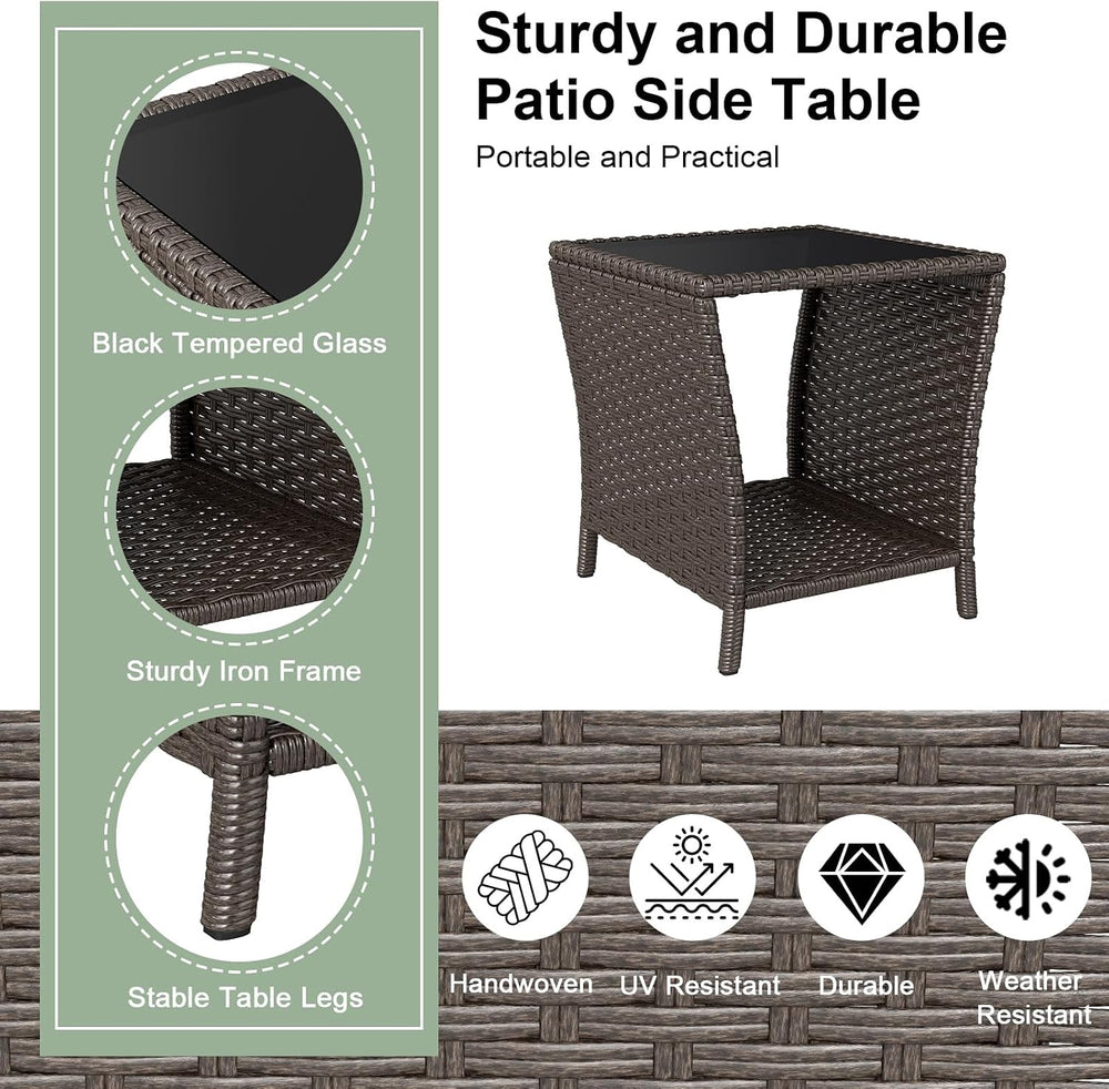 kinbor Outdoor Wicker Side Table, Tempered Glass Top & Storage Shelf, Brown