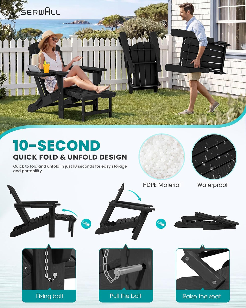 SERWALL Folding Adjustable Adirondack Chairs with Footrest Set of 4, HDPE Out...
