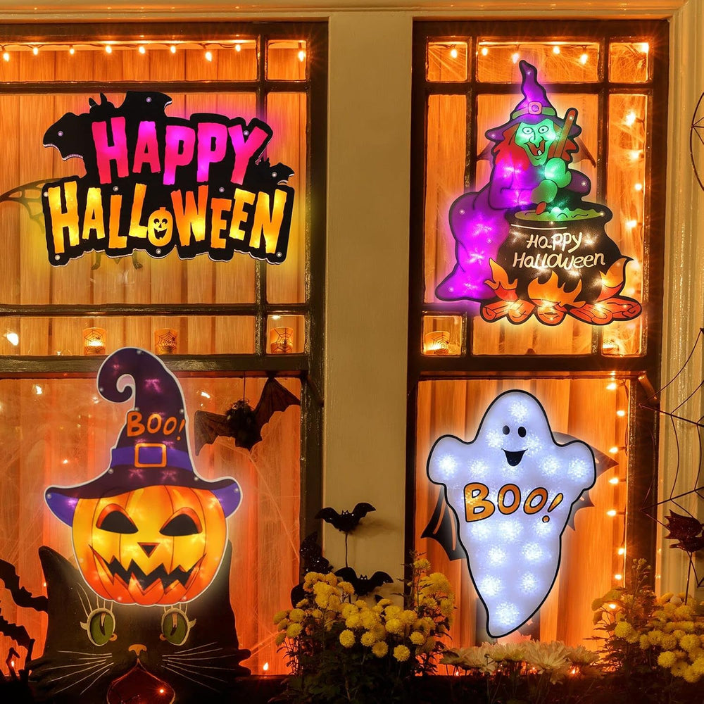 LAMPHOME 4 Pack LED Lighted Ghost,HappyHalloween Sign,Witch,Jack-O-Lantern Ha...