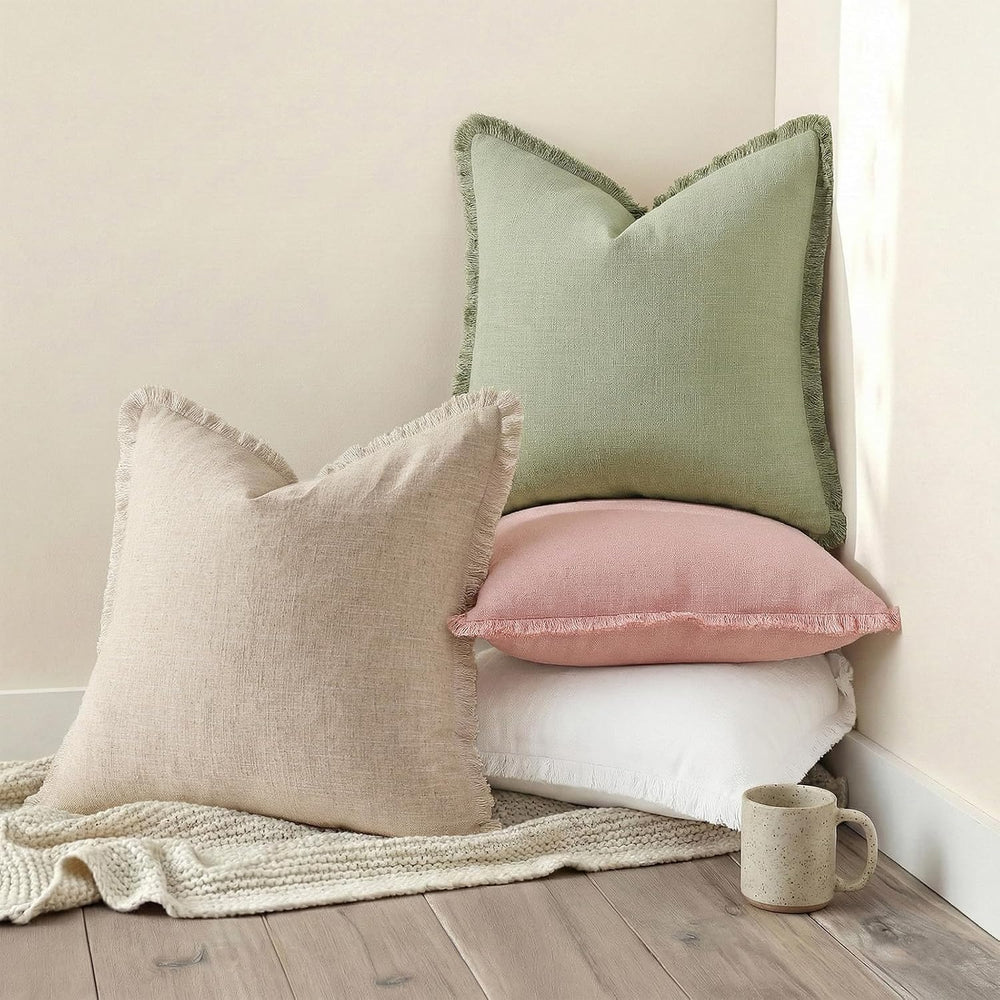 decorUhome Linen Fringe Sage Green Throw Pillow Covers 24x24 Set of 2