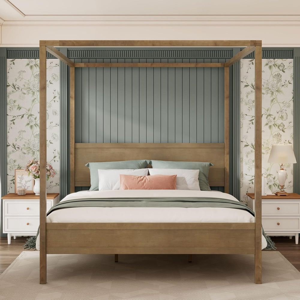 Merax King Canopy Bed Frame with Headboard & 4 Posters, Antique Natural