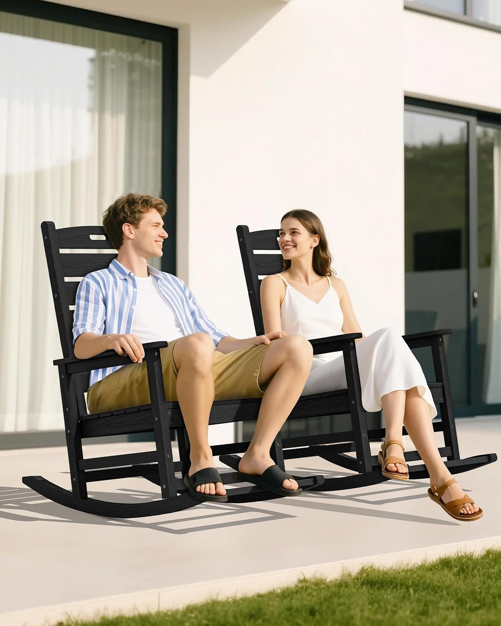 SERWALL Outdoor Rocking Chair Set of 2, Oversized HDPE Rocker, Black