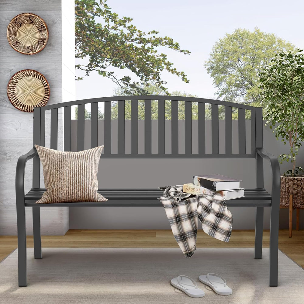 50'' Outdoor Bench Weatherproof, Cast Iron All Metal Frame Garden Ben...