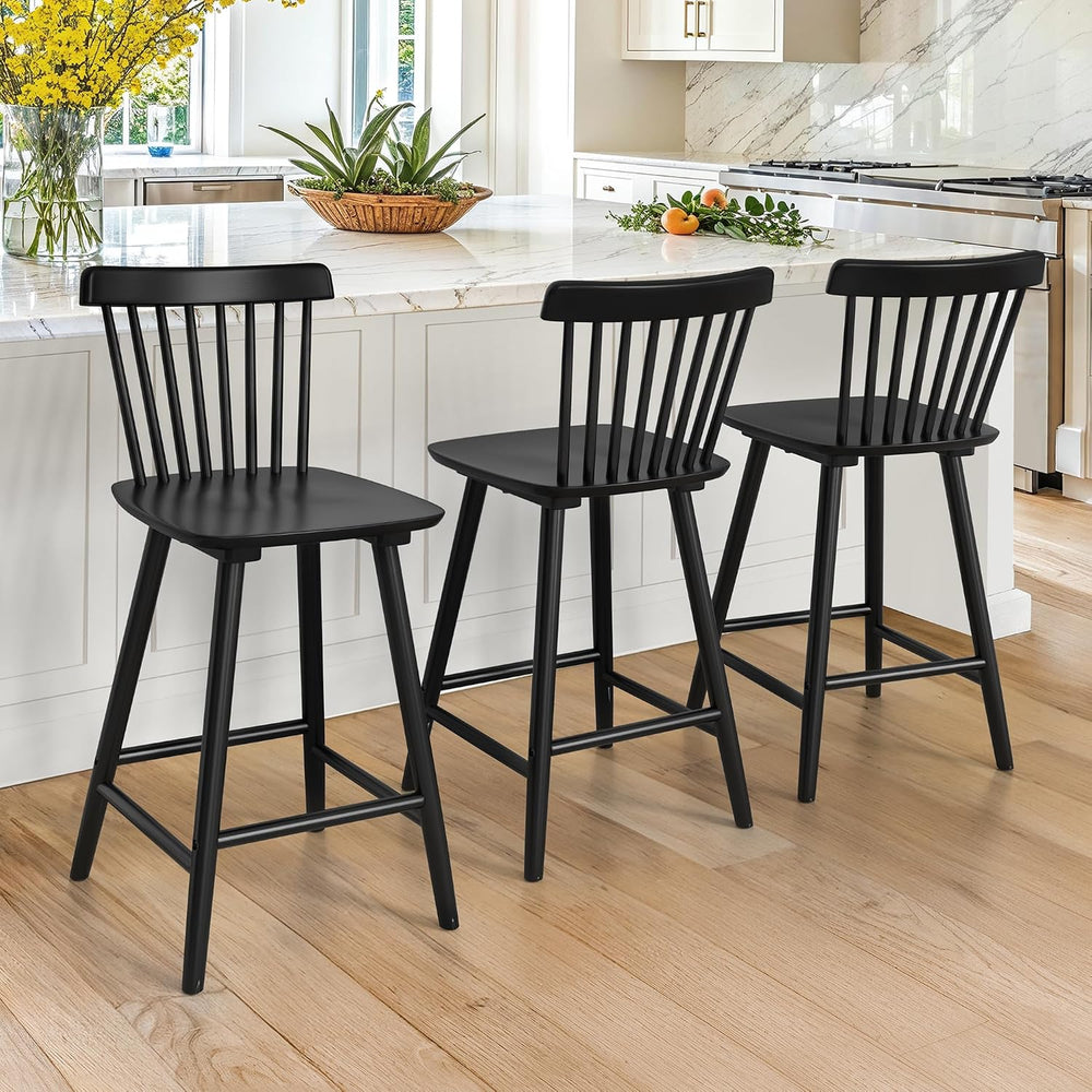 LUE BONA Upgraded Windsor Wooden Black Bar Stools Set of 3, 24 Inch Counter H...
