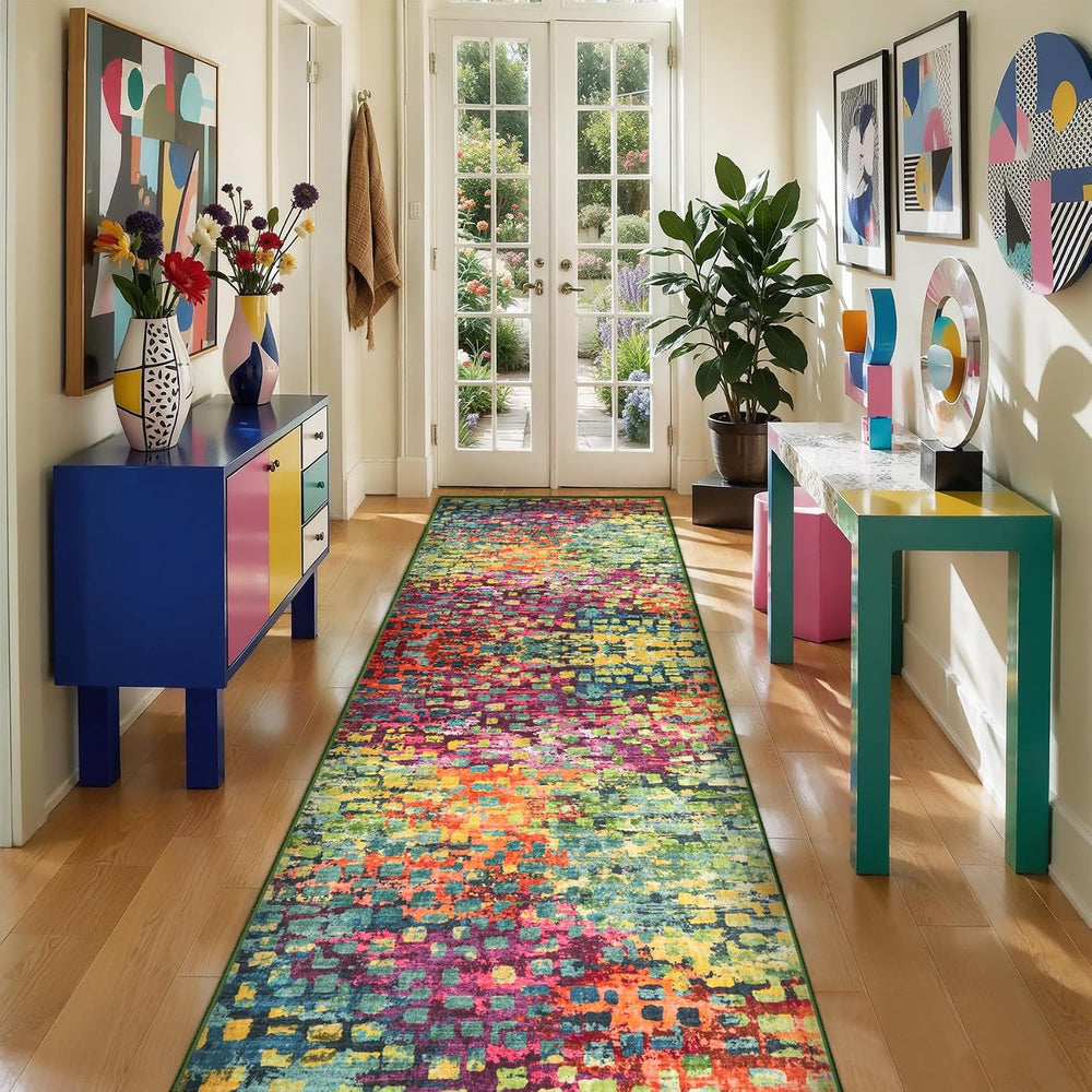 Colorful Abstract 2x6 Washable Runner Rug, Modern Non Slip Runner Rugs