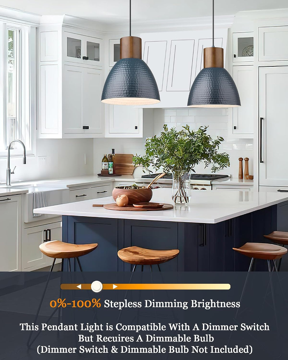 ELYONA 2 Pack Modern Hammered Pendant Lights 10.2” Blue Solid Wood Hanging La...