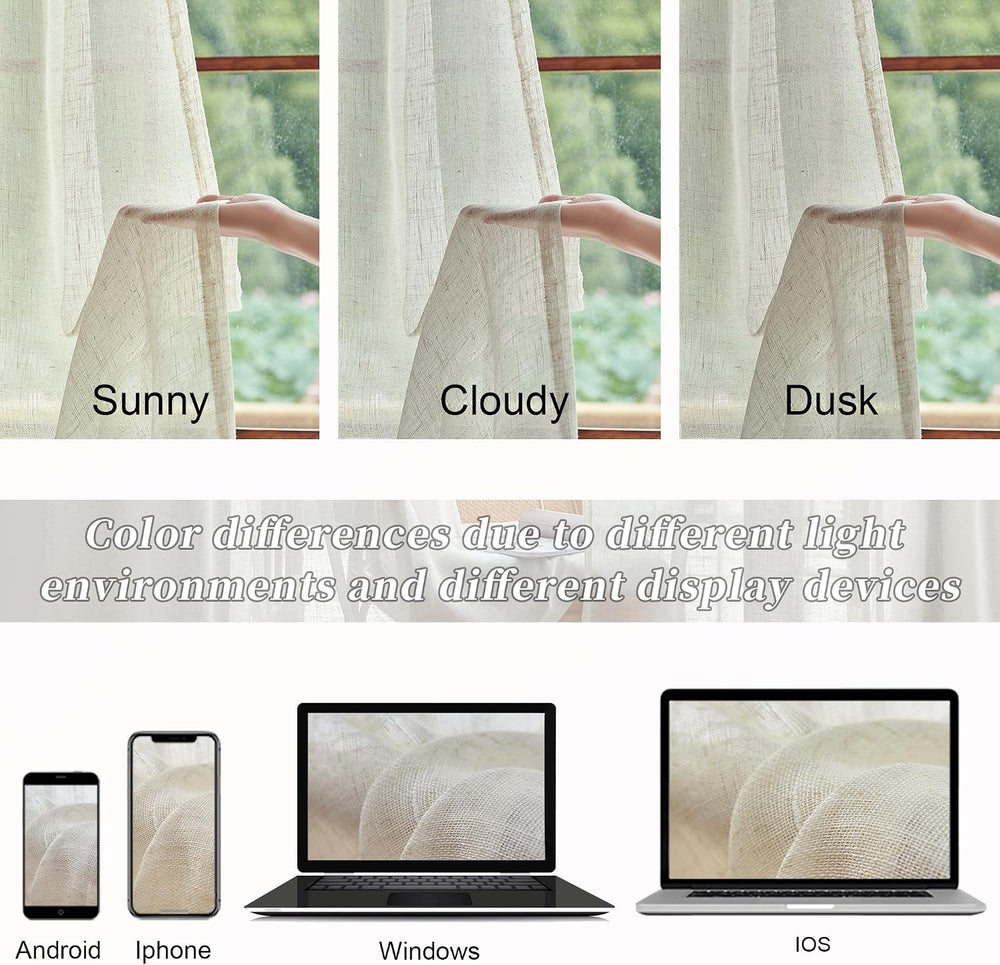 Natural Linen Beige Sheer Curtains 96 Inches Long for Living Room Farmhouse R...