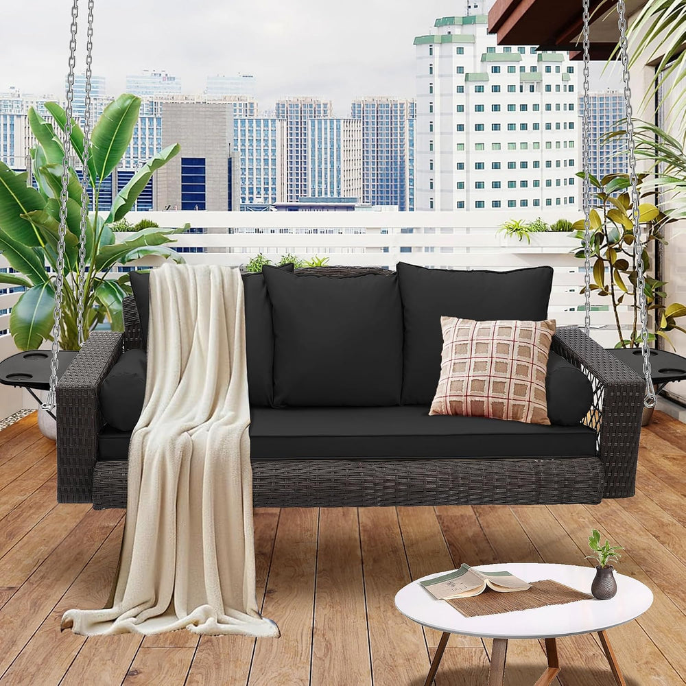 3-Person Hanging Porch Swing, Outdoor Wicker Swing Chair, 76 Inch Bench with ...