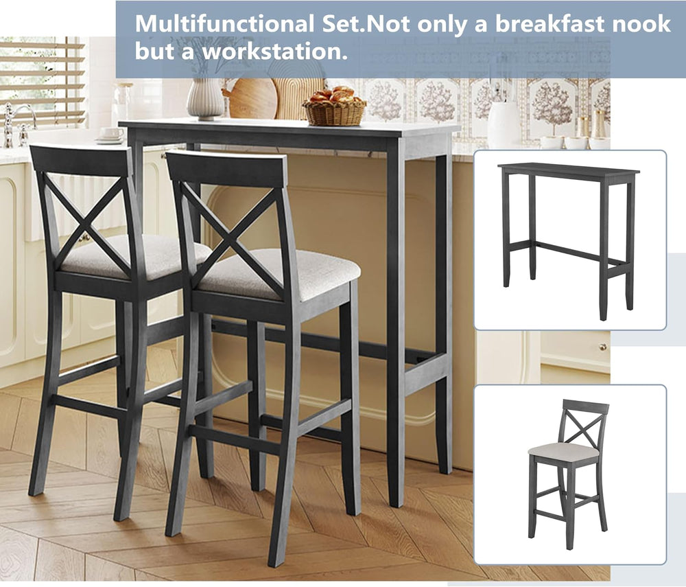 LUMISOL 3 Piece Pub Table and Chair Set, Small Bar Height Kitchen Table and C...