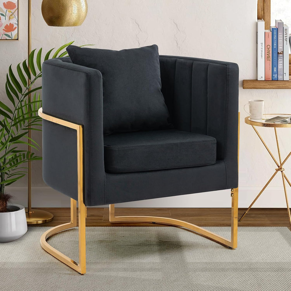 Velvet Modern Accent Chair, Upholstered Barrel Armchair Mid Century with Pill...