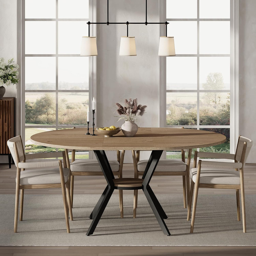 42"-58" Extendable Round Dining Table for 4-6, Kitchen Oval Table w...
